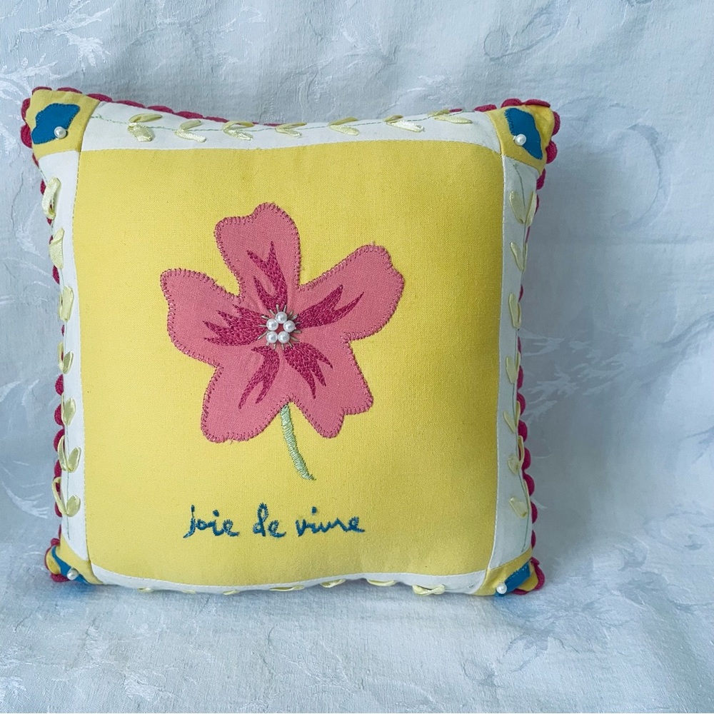 Embroidered  decorative yellow pillow 10 x 10